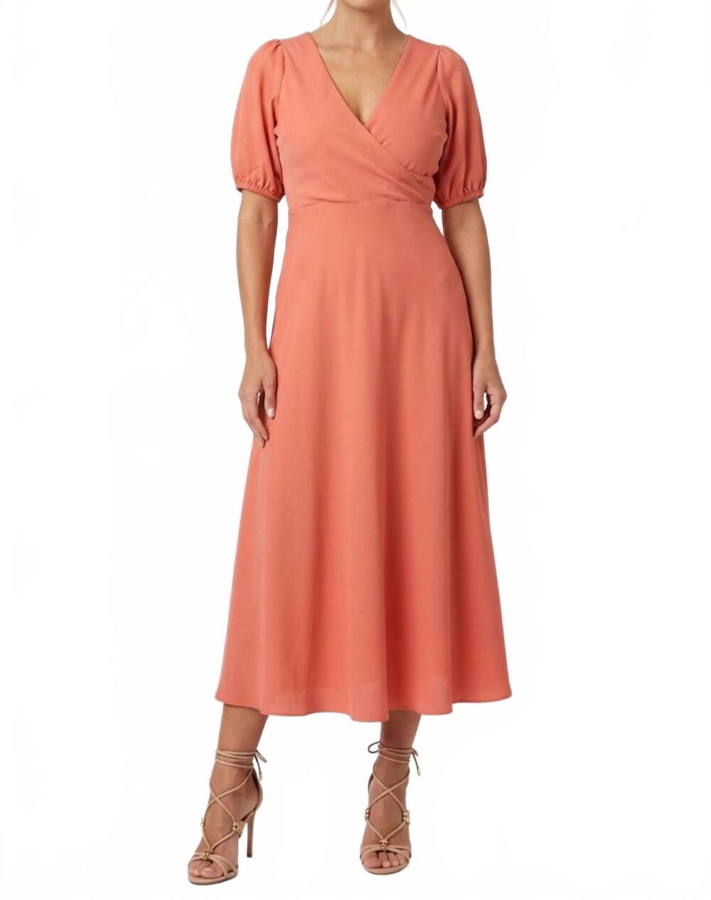NEW LAUNDRY BY SHELLI SEGAL surplice neckline short puff sleeve a-line midi dres